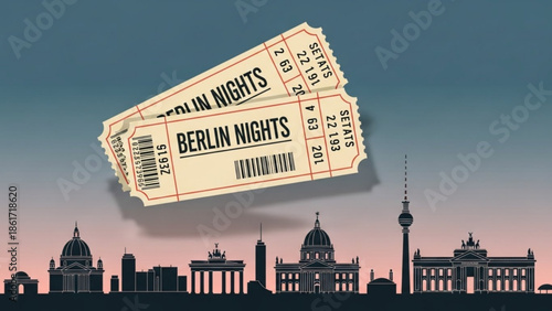 Berlin city skyline at sunset with tickets for berlin nights, travel and tourism concept