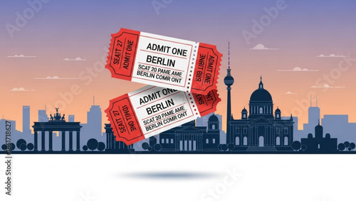 Berlin city skyline at sunset with admit one tickets for tourism and travel in germany, iconic landmarks and buildings, gate and dome, urban landscape