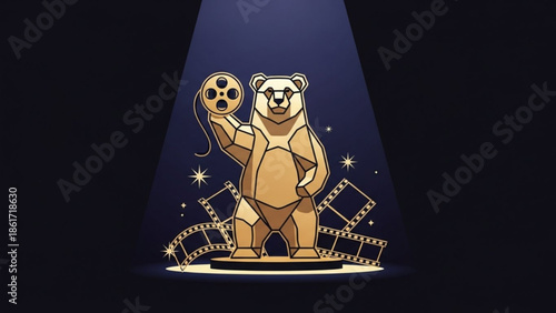 A cartoon polar bear holds a film reel on stage with spotlight shining down, surrounded by film strips and stars, conveying entertainment and cinema concept