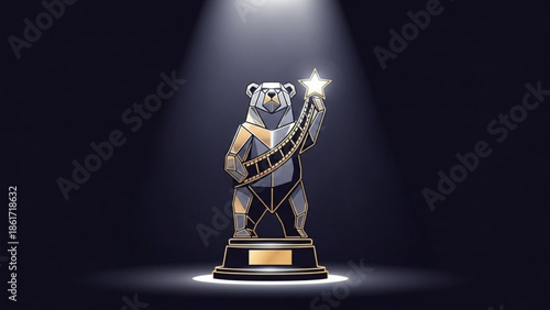 A stylized geometric bear trophy winner holds a shining star on a pedestal with spotlight