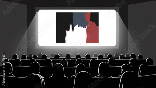 A large audience watches a movie with a graph on the screen in a darkened cinema room with spotlight