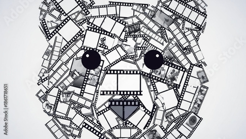 A creative bear face made of scattered film strips and photographs on a white background, representing media and nostalgia