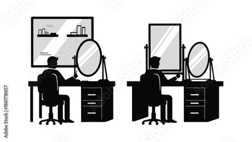 Person sitting at a vanity table with mirrors and cosmetics, preparing for the day.