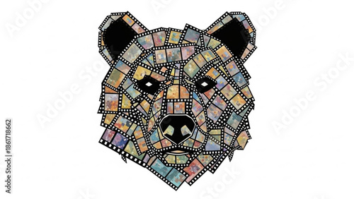 Mosaic bear head made of colorful film strips on white background, animal portrait in stained glass style with black outlines and white dots