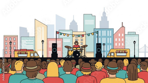 Outdoor concert in city with crowd watching drummer perform on stage with colorful buildings in background