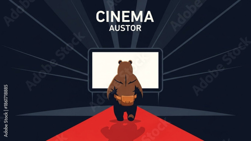 Cartoon bear on red carpet in front of cinema screen with cinema autor text overlay on dark background