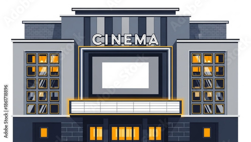 Cinema building exterior at night with illuminated windows and marquee sign