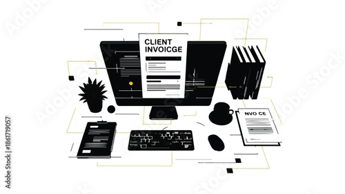 Modern workspace with computer, documents, and office supplies, representing business and administration.