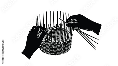 Hands intricately weaving a basket, demonstrating traditional craft and creative skill