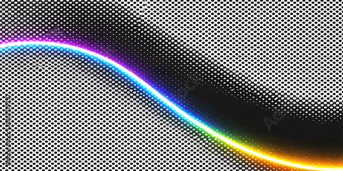 Abstract rainbow background featuring a metallic steel mesh pattern with colorful halftone dots and a textured chrome grid design