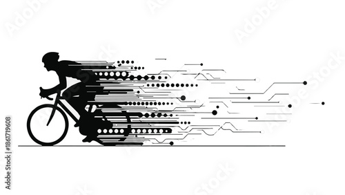 Dynamic cyclist silhouette with abstract digital trails symbolizing speed and technology