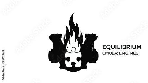 Fiery puzzle piece integrated into industrial engine silhouette, symbolizing powerful balance.