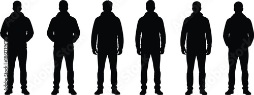 Standing male silhouettes in casual clothing lineup, anonymous men figures set, people collection isolated on white background illustration