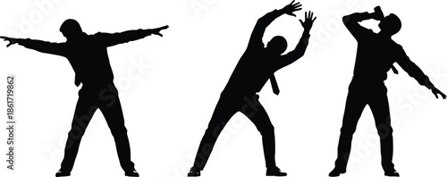 Three dancing men silhouettes expressing energy and movement, hip hop dance poses, urban lifestyle concept, isolated on white background illustration