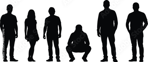 Standing and squatting people silhouettes set, casual men and woman poses collection isolated white background lifestyle illustration