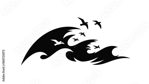 Stylized black silhouette of crashing waves with birds soaring above, evoking freedom and nature's power.