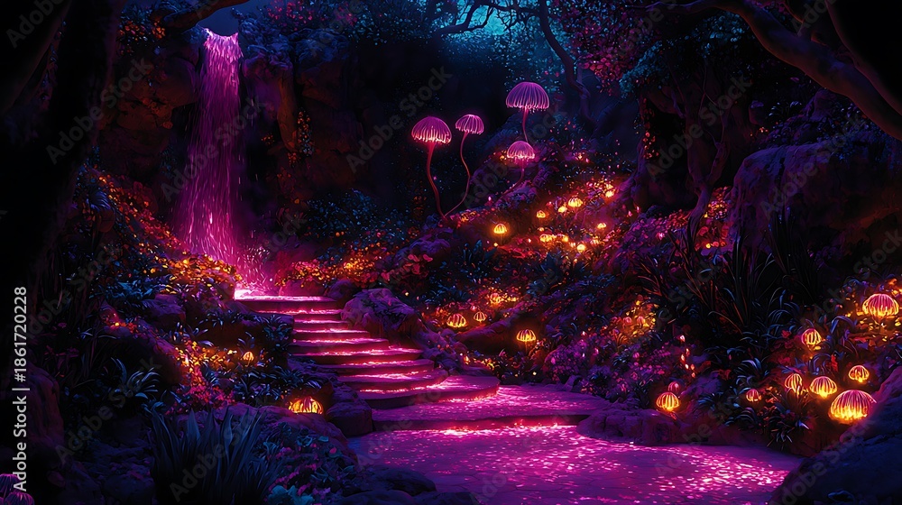 Fototapeta premium Enchanted fantasy forest with glowing purple waterfall, luminous path, illuminated steps, and magical mushrooms creating an otherworldly scene.