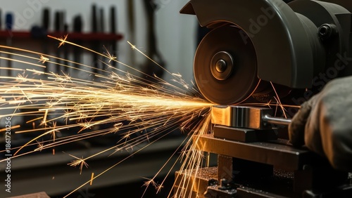 Metalworking precision: Grinding wheel creates a shower of sparks for precise cut craftsmanship