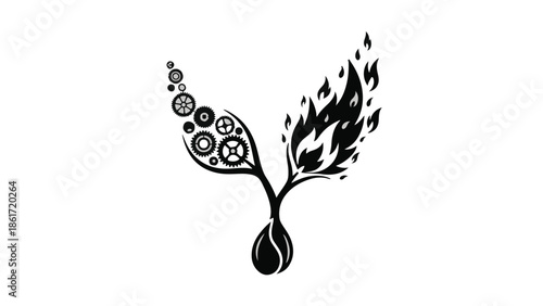 Symbol of industrial growth and environmental impact with gears and fire