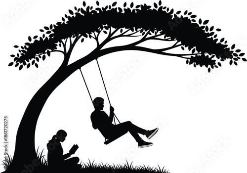 tree, swing, silhouette, reading, leisure, nature, outdoor, children, black, white, icon, illustration, vector, design, symbol, posture, gesture, moment, relaxation, peaceful