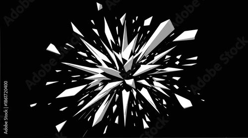 Abstract explosion of sharp white geometric shards radiating outwards on a dark black background, creating a dynamic and fragmented visual effect.