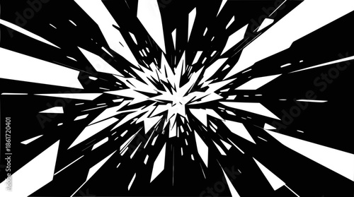 Abstract black and white explosion of sharp, fragmented shapes radiating outwards from a central point, creating a dynamic visual effect.