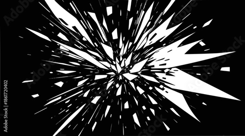 A dynamic abstract image featuring a central explosion of sharp white fragments against a stark black background, creating a sense of impact and energy.