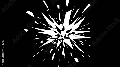 Abstract white geometric shards exploding outwards on a black background, creating a dynamic burst effect.