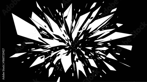 Abstract black and white explosion of sharp geometric fragments shattering outwards from a central point.