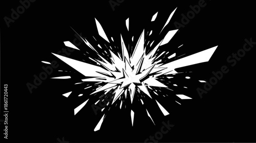 Abstract white explosion of sharp fragments on a black background, depicting a shattered or bursting effect.