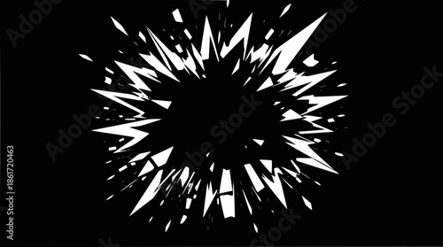 A dynamic white explosion burst graphic on a black background, featuring sharp, jagged lines radiating outwards from a central point, creating an energetic visual effect.