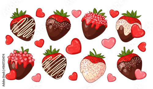 Festive chocolate dipped strawberry vector set with heart candy isolated on white background