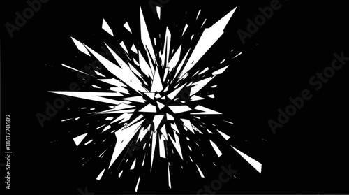 Abstract white shattered explosion effect on a dark black background, creating a dynamic visual.
