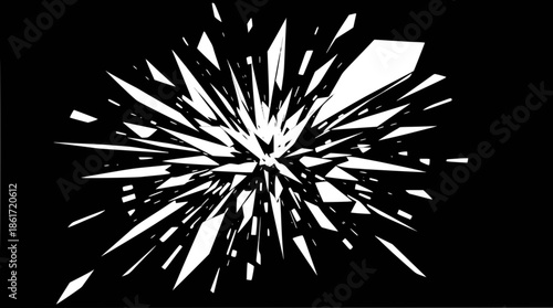 A dynamic abstract image featuring a burst of sharp white fragments exploding outwards from a central point on a stark black background, creating a shattered effect.