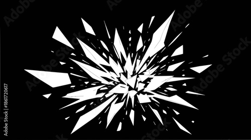 A dynamic abstract black and white image featuring sharp, fragmented white shapes exploding outwards from a central point on a dark background.