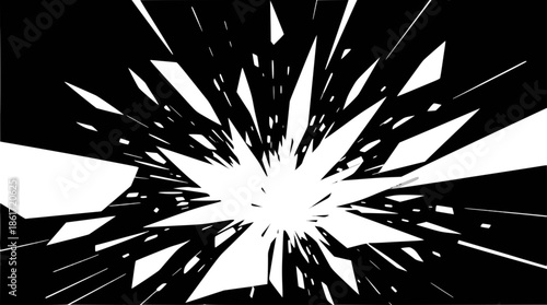 Abstract black and white explosion with sharp, radiating white shards on a dark background, creating a dynamic visual effect.