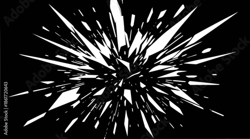 Abstract black and white explosion of sharp geometric shards radiating outwards from a central point.