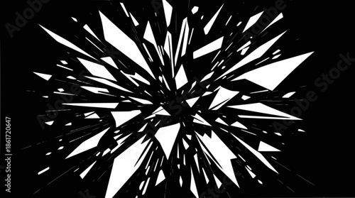 Abstract black and white image depicting sharp, fragmented white shapes exploding outwards from a central point on a dark background, creating a dynamic visual effect.
