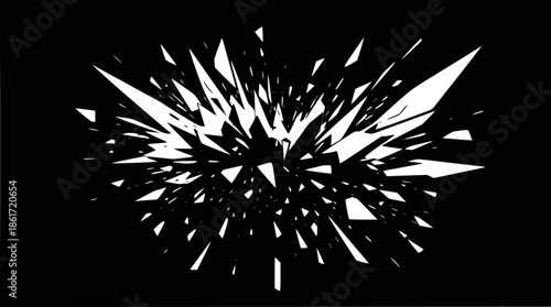 Dynamic abstract graphic of white sharp fragments bursting outwards on a stark black background.
