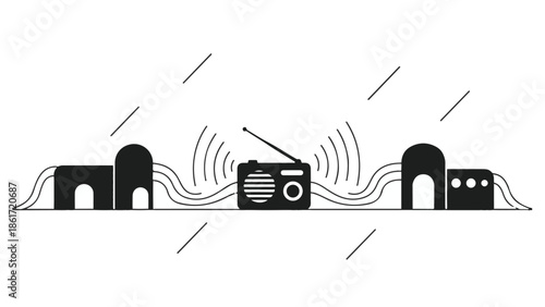 Retro radio broadcasting music and soundwaves between architectural elements