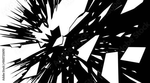 Dynamic black and white abstract explosion with sharp fragmented shapes radiating outwards, creating a powerful visual impact.