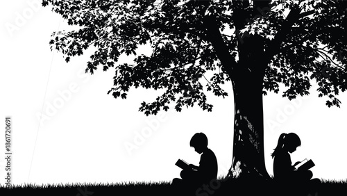 tree, children, reading, silhouette, book, swing, nature, peaceful, black, white, icon, illustration, vector, design, symbol, solitude, learning, moment, outdoor, posture