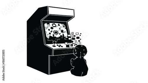 Child immersed in retro arcade game, enjoying digital entertainment