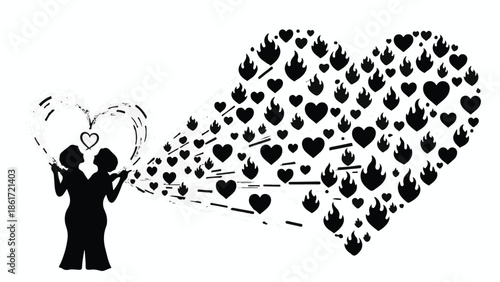 Two people sharing passionate love and affection, represented by a burst of fiery hearts.