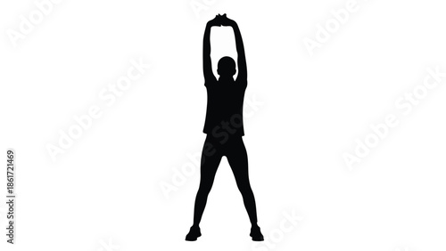 Silhouette of a person stretching arms overhead in a fitness pose against a bright white background.