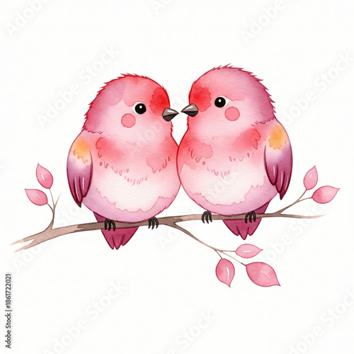 Two pink watercolor birds perched on a branch love