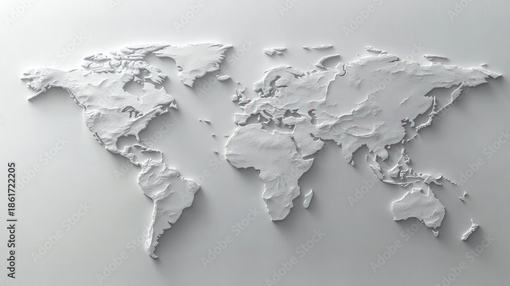Obraz premium embossed white world map with textured topographic relief on a minimalist light grey background, calm serene modern decorative wall art