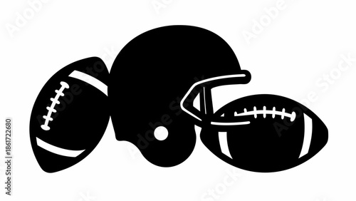 American football equipment with helmet and balls
