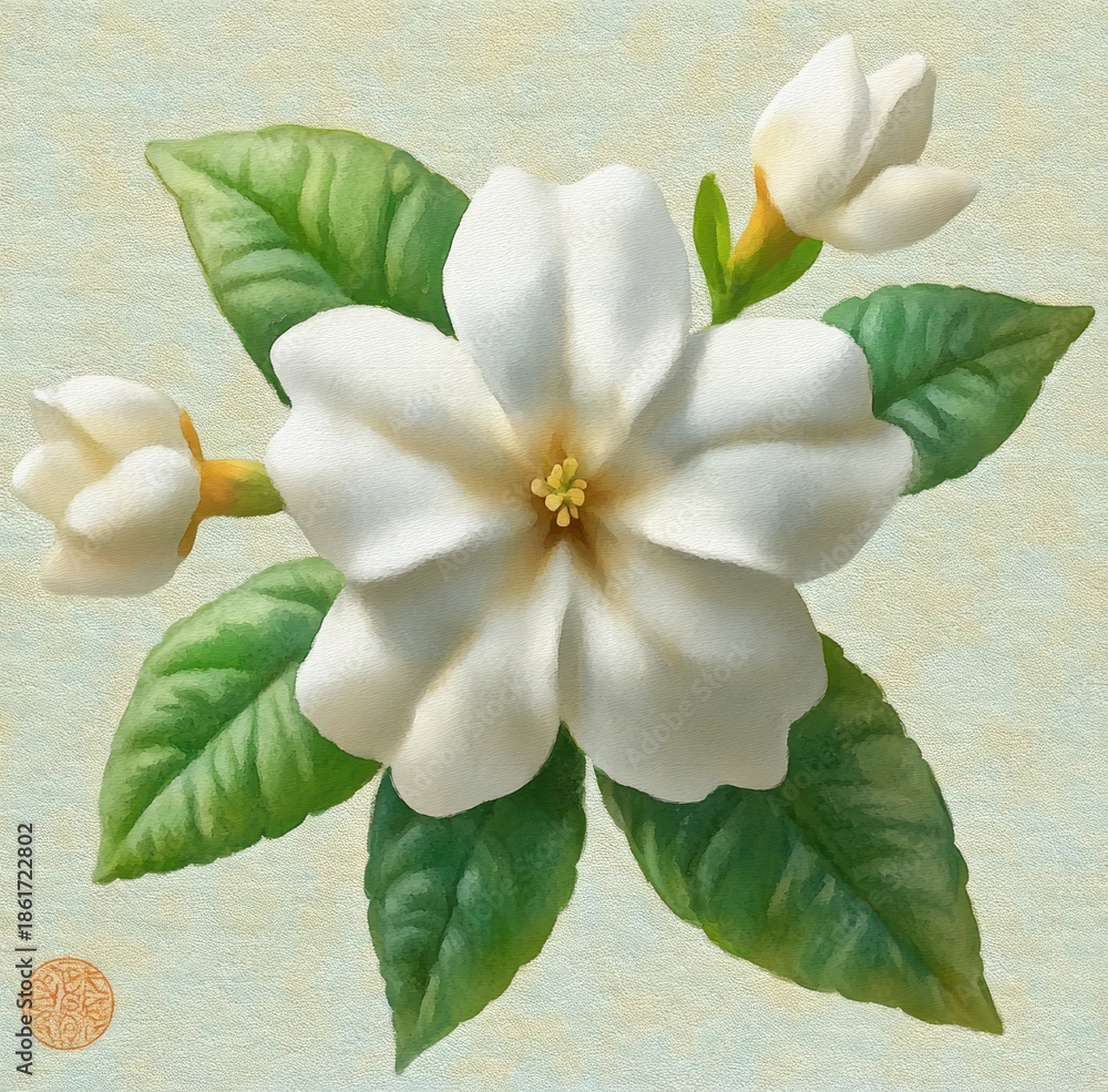 Naklejka premium white gardenia bloom with three buds and glossy green leaves on a soft pastel textured background, serene and delicate