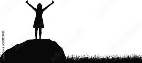 Woman silhouette standing on hill with raised arms, success freedom achievement concept, confidence inspiration isolated on white background illustration